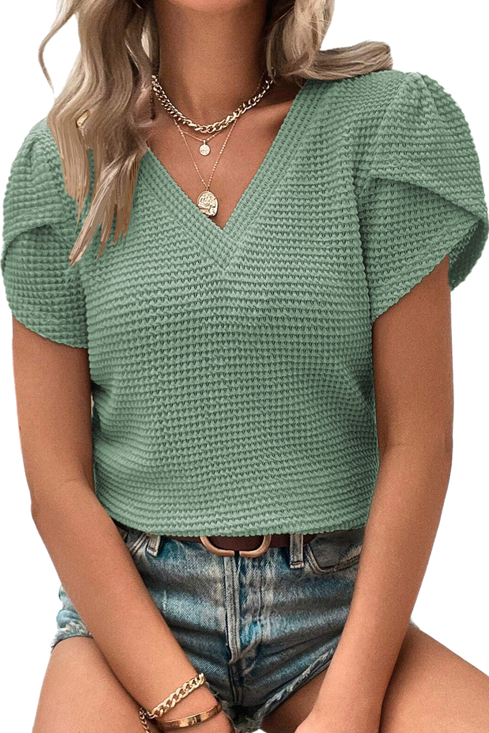 Camel Tulip Sleeve Waffle Knit V Neck T-Shirt