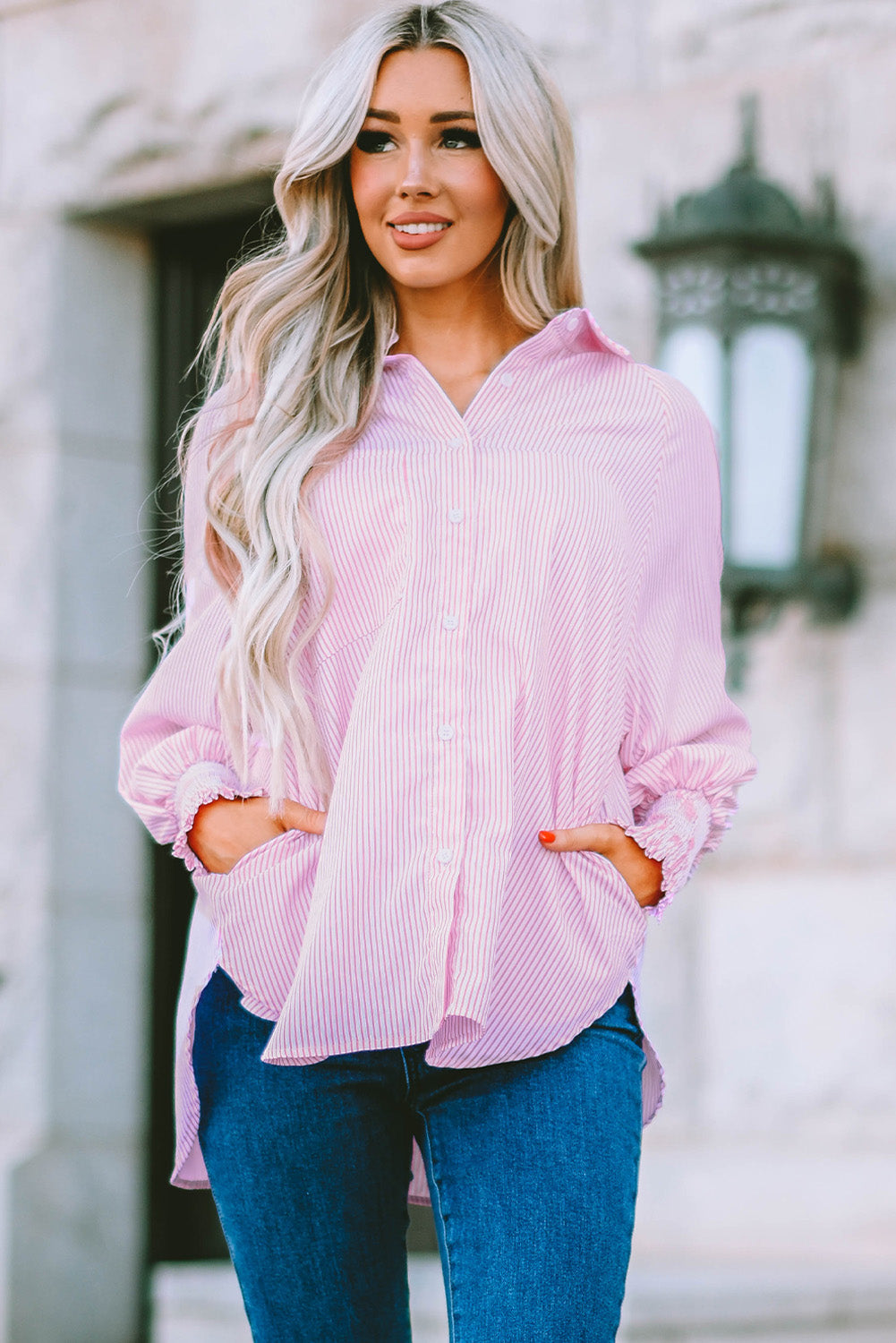 Light Blue Casual Striped Shirred Cuffs Shirt