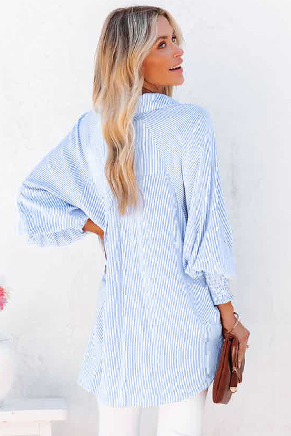 Light Blue Casual Striped Shirred Cuffs Shirt