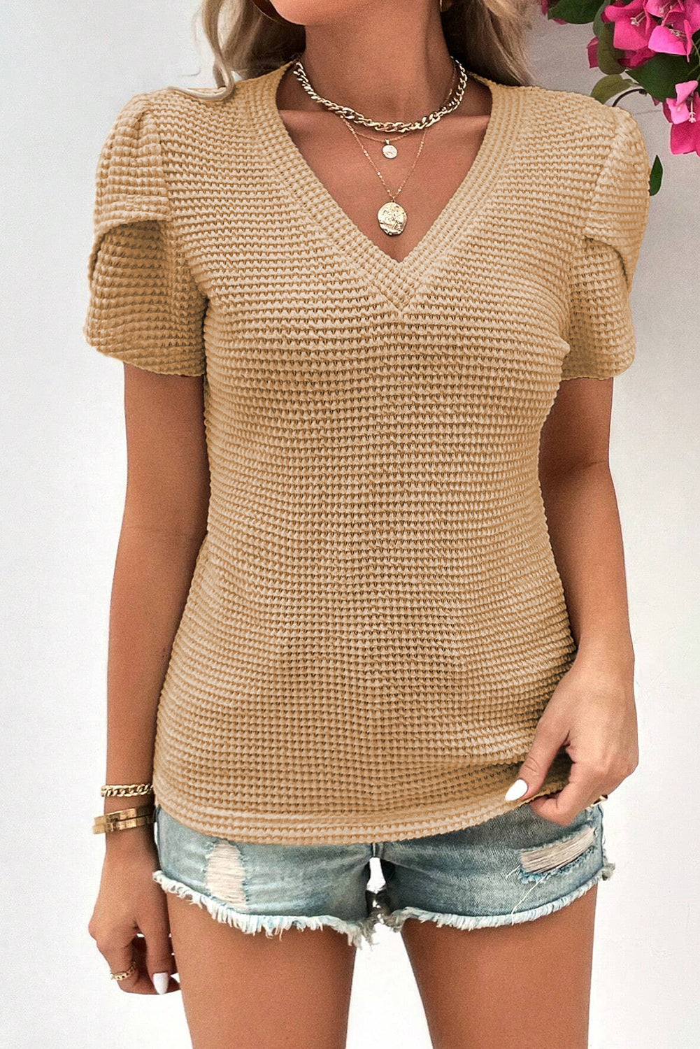 Camel Tulip Sleeve Waffle Knit V Neck T-Shirt