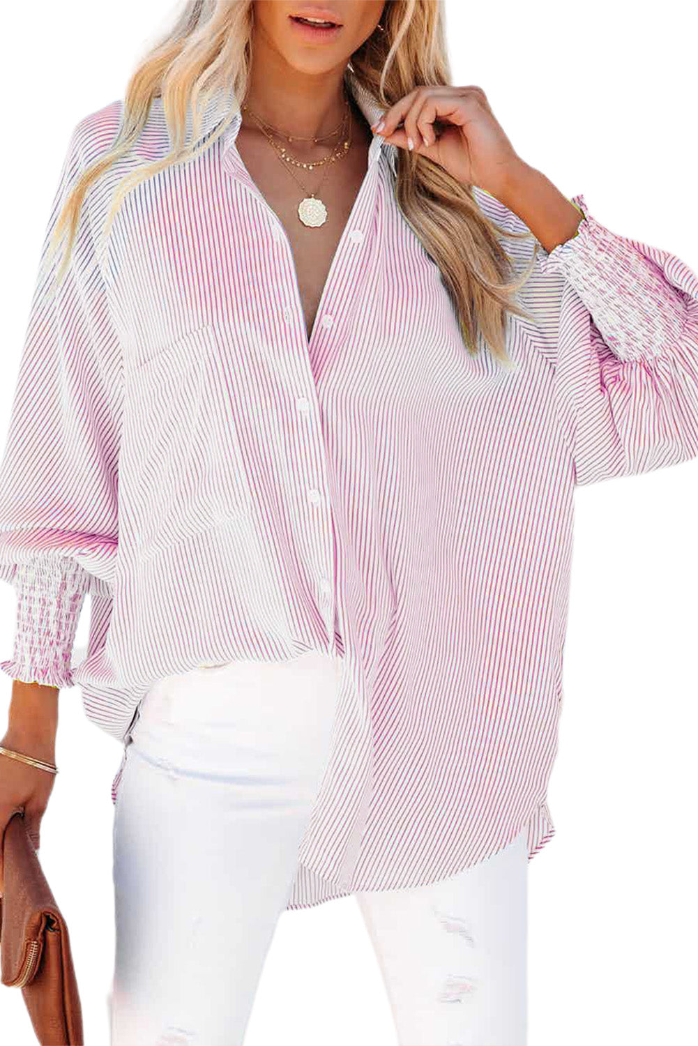 Light Blue Casual Striped Shirred Cuffs Shirt