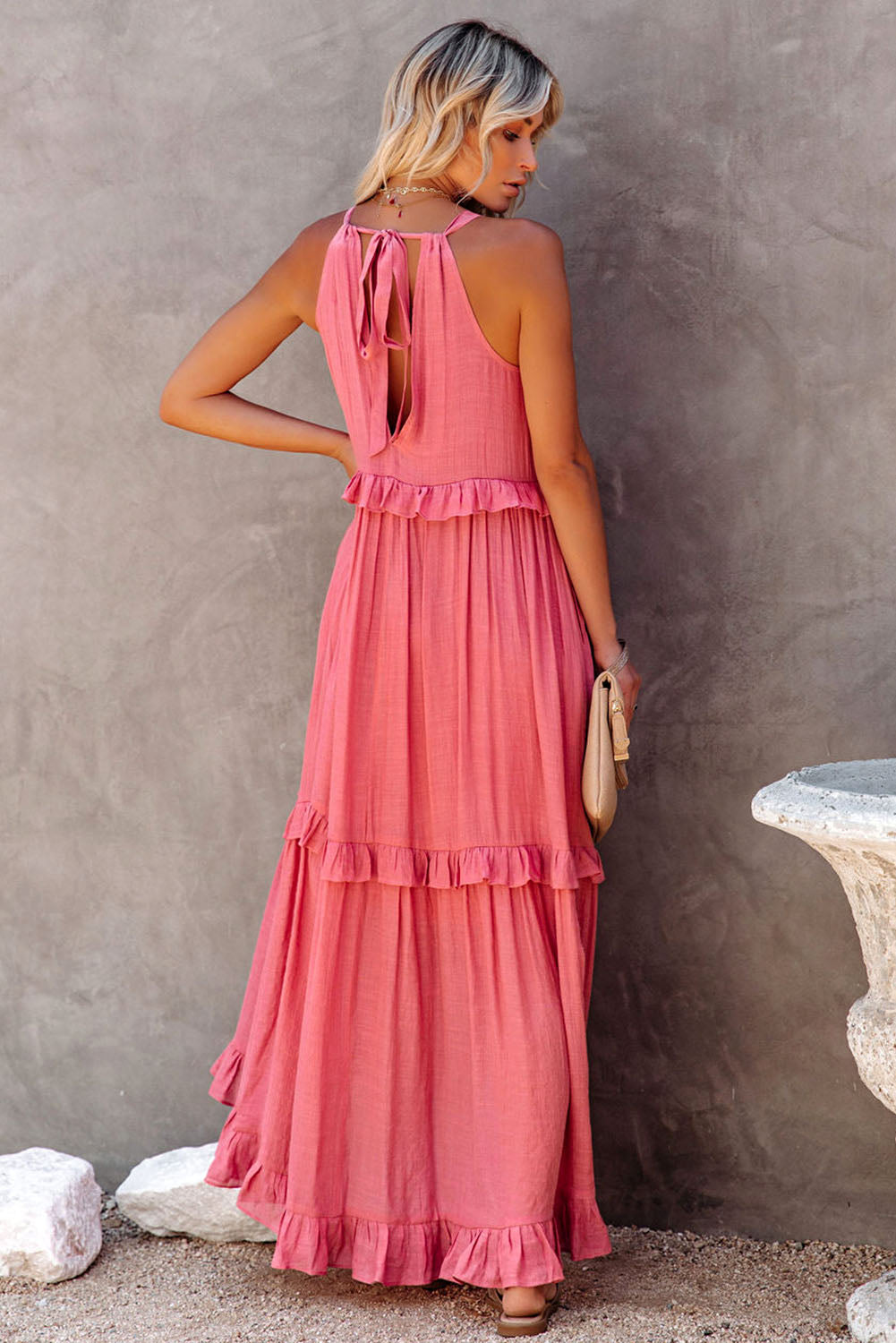 Dark Green Ruffle Hem Pleated Flowy Maxi Dress