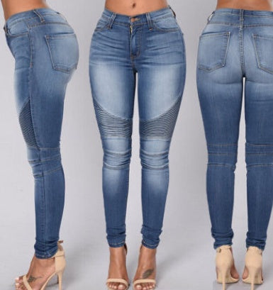 Women's stretch Slim folds stitching feet jeans pencil pants