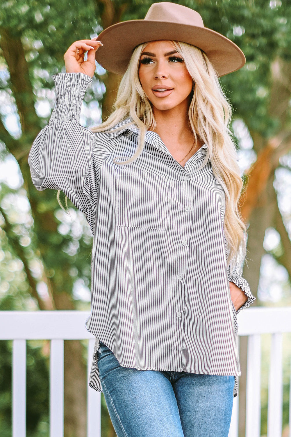 Light Blue Casual Striped Shirred Cuffs Shirt