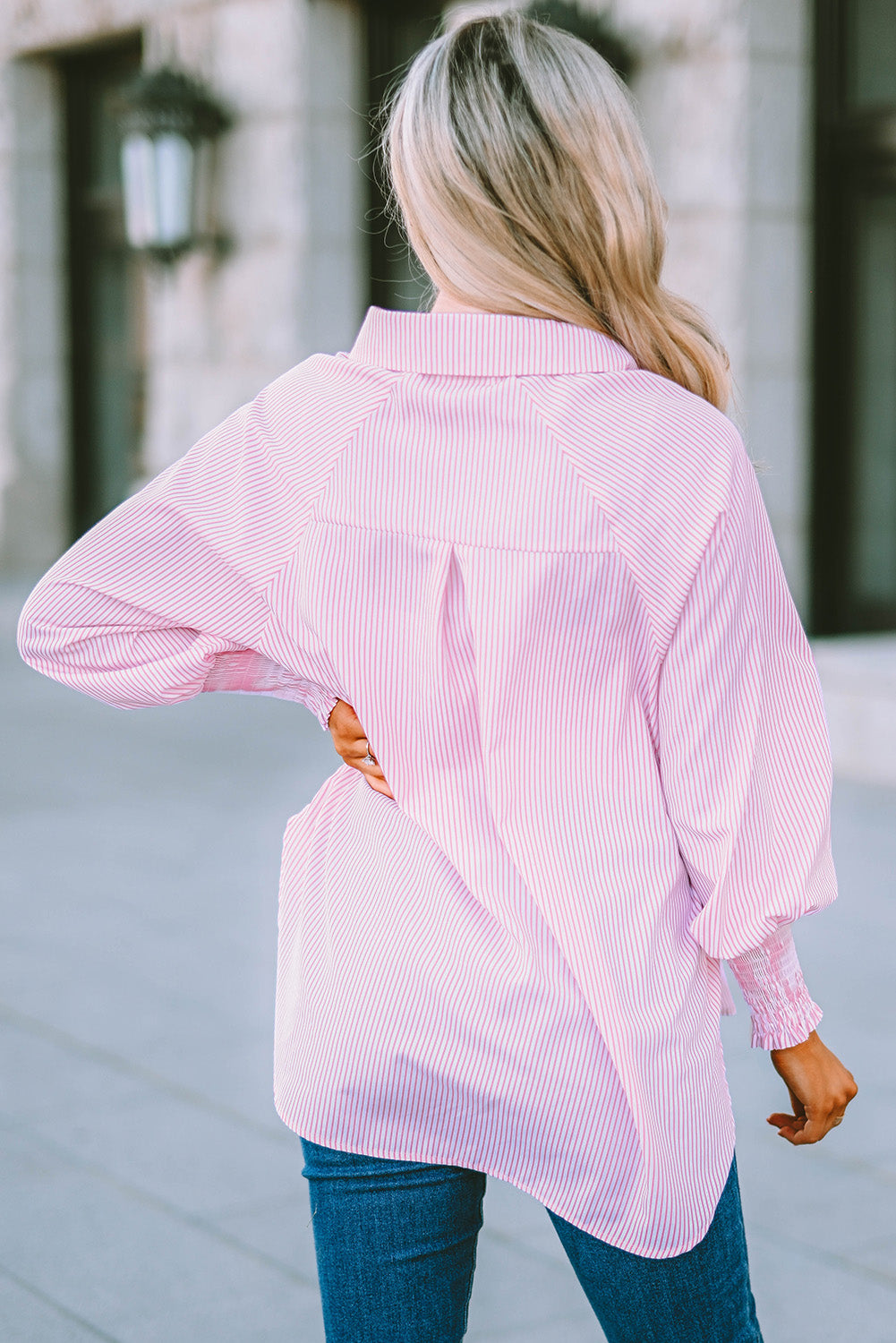 Light Blue Casual Striped Shirred Cuffs Shirt