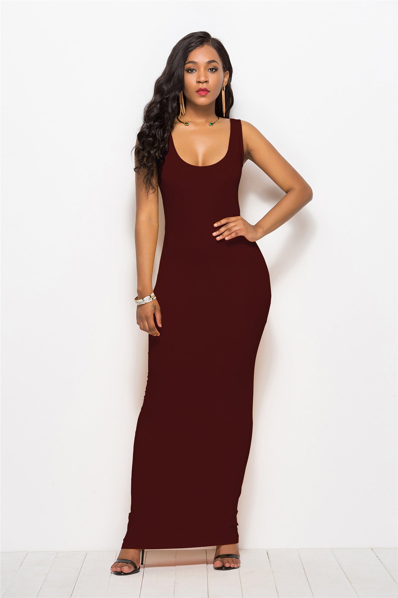 Elegant High Stretch Tank Robe Spring Summer Thin Long Dress O-neck Sleeveless