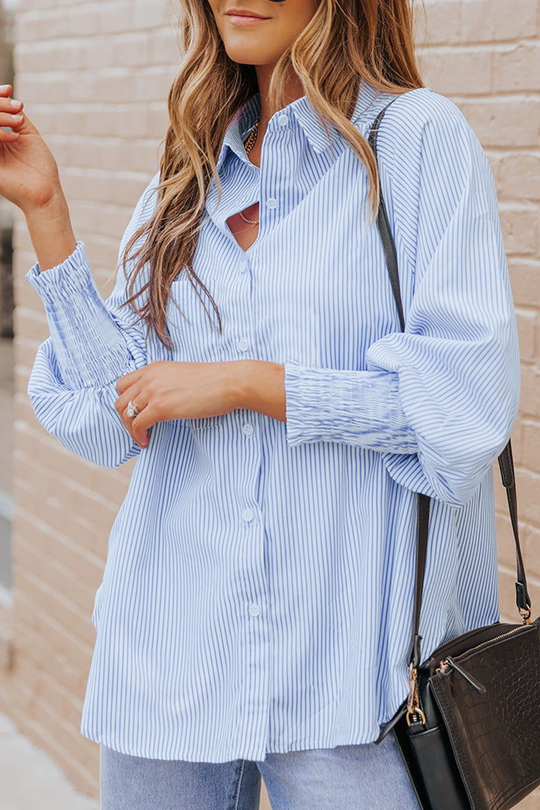 Light Blue Casual Striped Shirred Cuffs Shirt