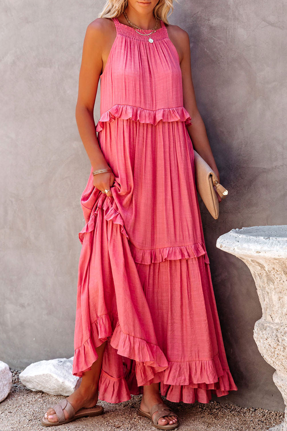 Dark Green Ruffle Hem Pleated Flowy Maxi Dress