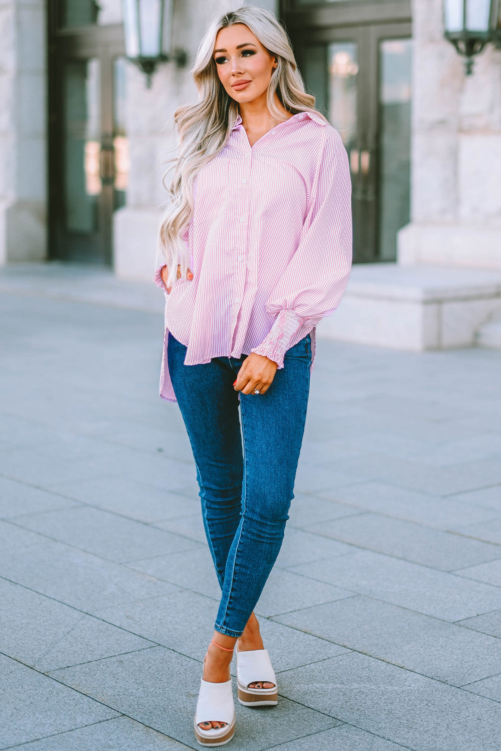 Light Blue Casual Striped Shirred Cuffs Shirt