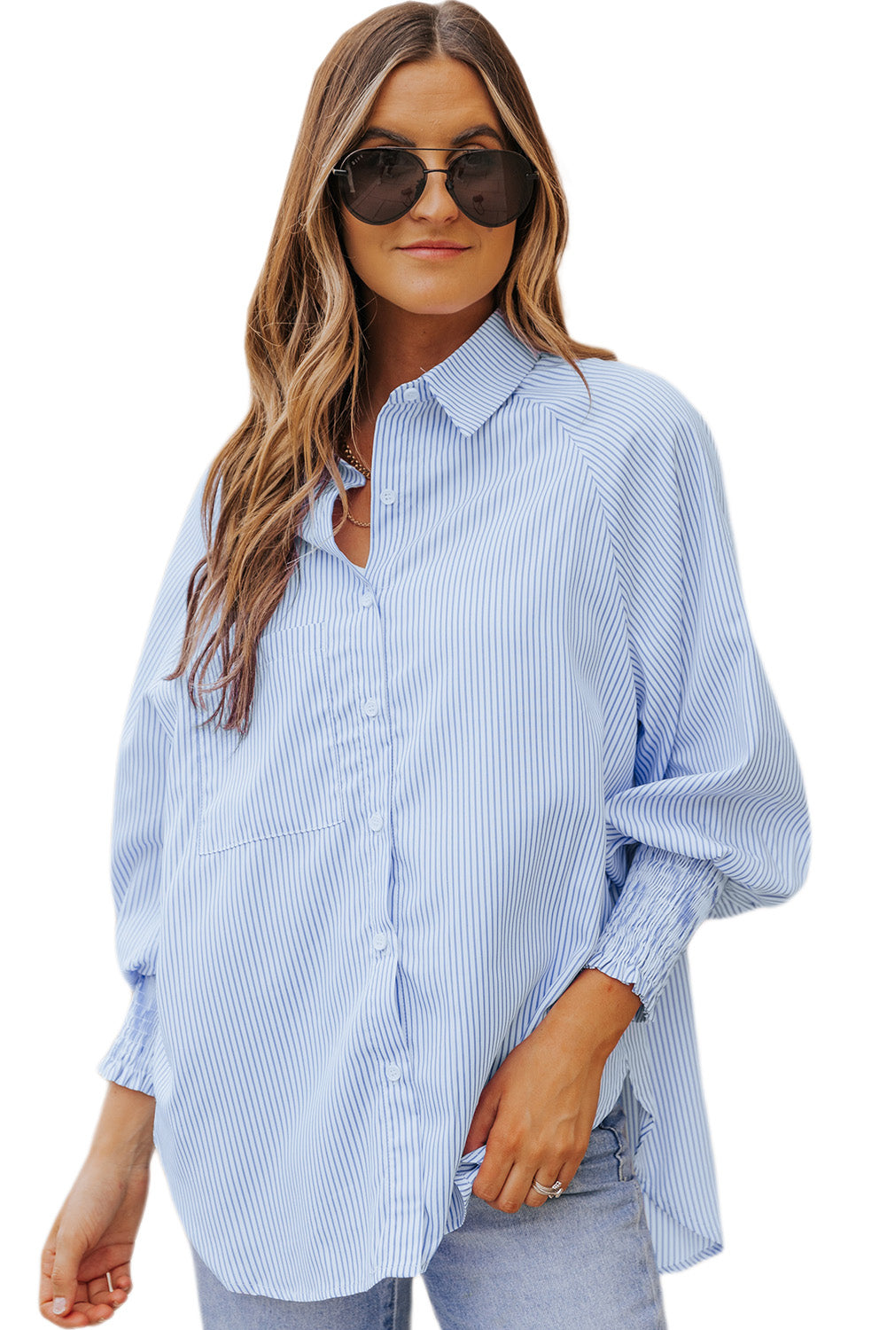 Light Blue Casual Striped Shirred Cuffs Shirt