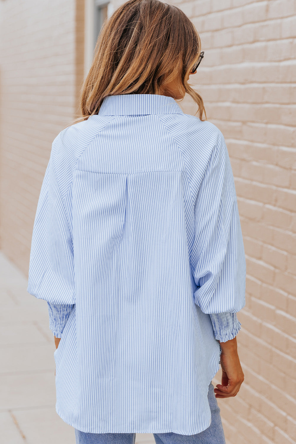 Light Blue Casual Striped Shirred Cuffs Shirt