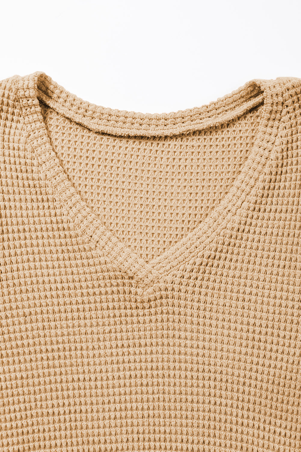 Camel Tulip Sleeve Waffle Knit V Neck T-Shirt