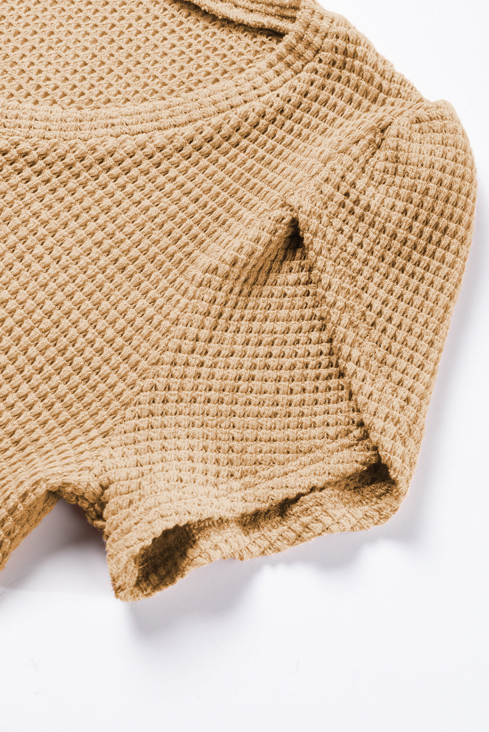 Camel Tulip Sleeve Waffle Knit V Neck T-Shirt