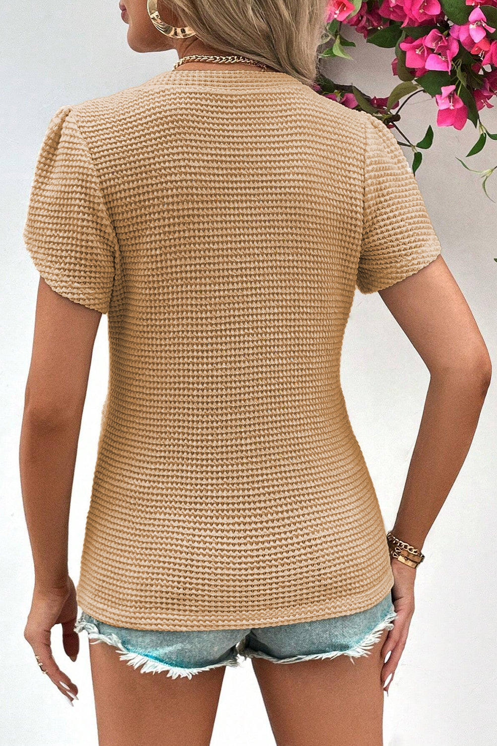 Camel Tulip Sleeve Waffle Knit V Neck T-Shirt
