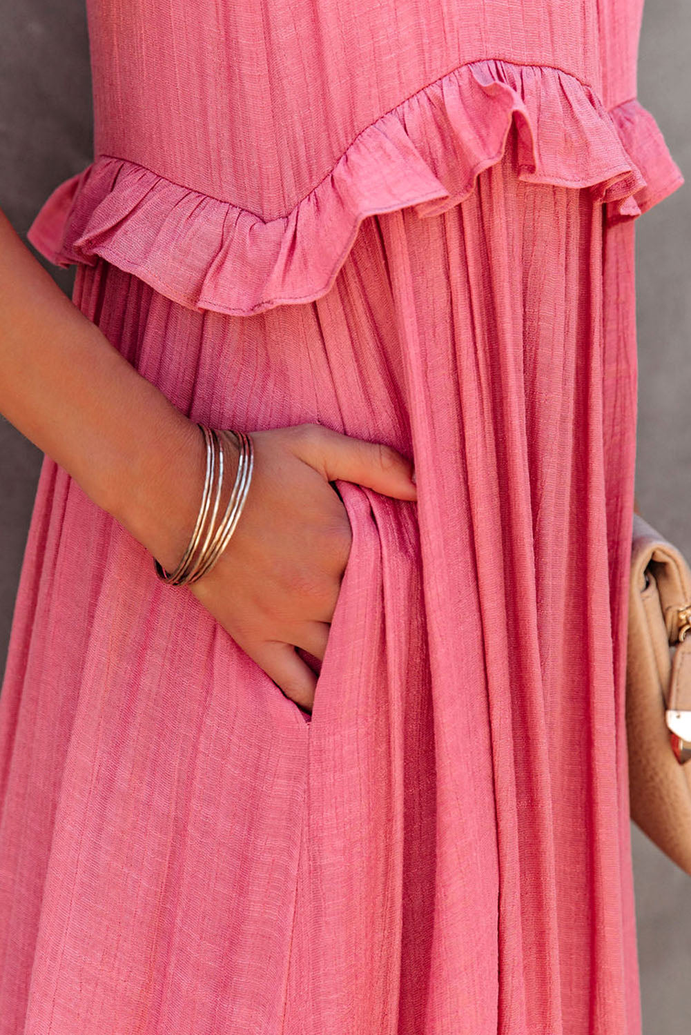Dark Green Ruffle Hem Pleated Flowy Maxi Dress