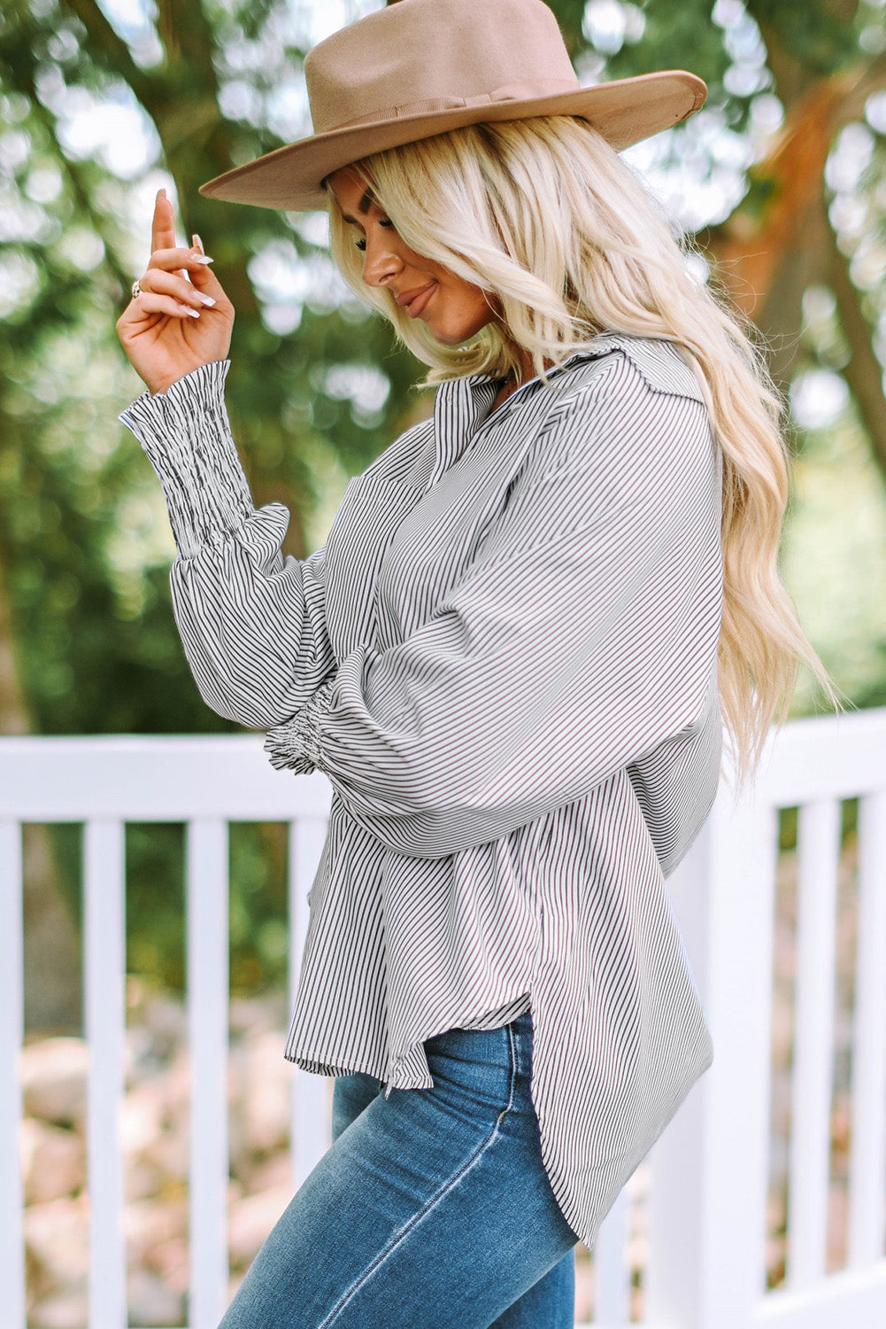 Light Blue Casual Striped Shirred Cuffs Shirt