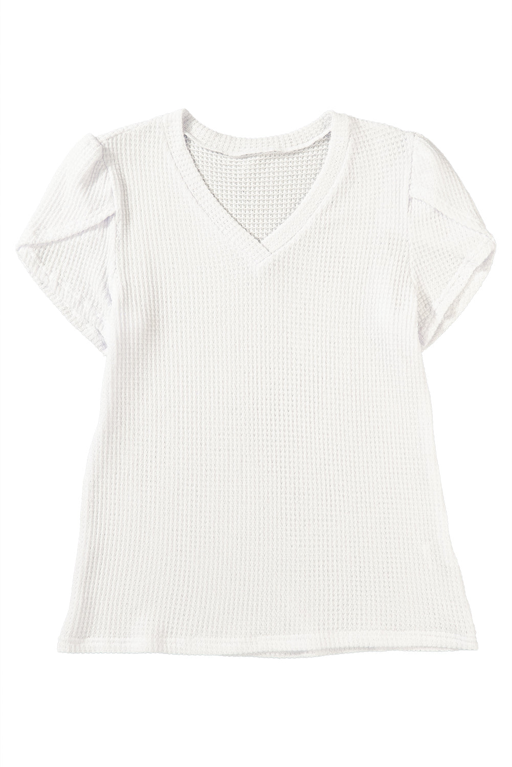 Camel Tulip Sleeve Waffle Knit V Neck T-Shirt