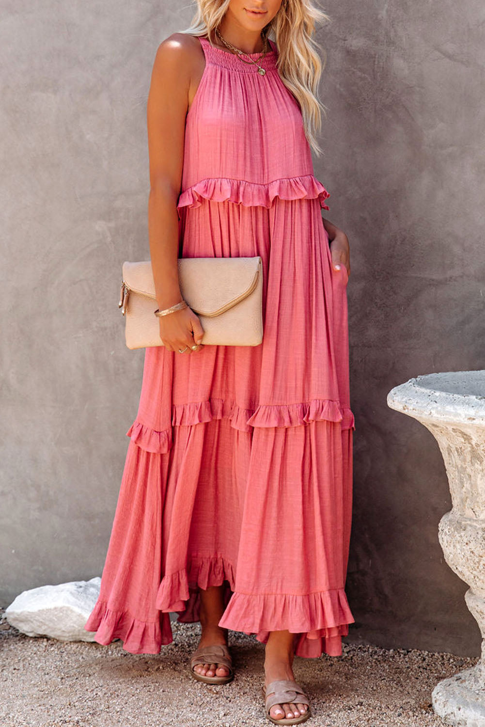 Dark Green Ruffle Hem Pleated Flowy Maxi Dress