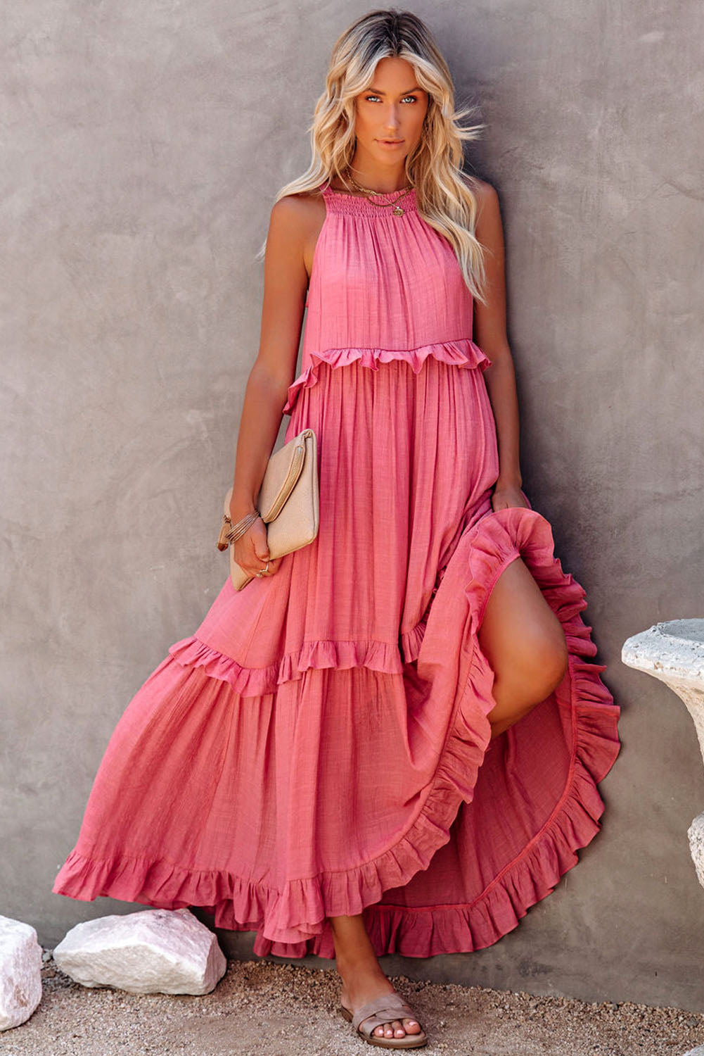 Dark Green Ruffle Hem Pleated Flowy Maxi Dress