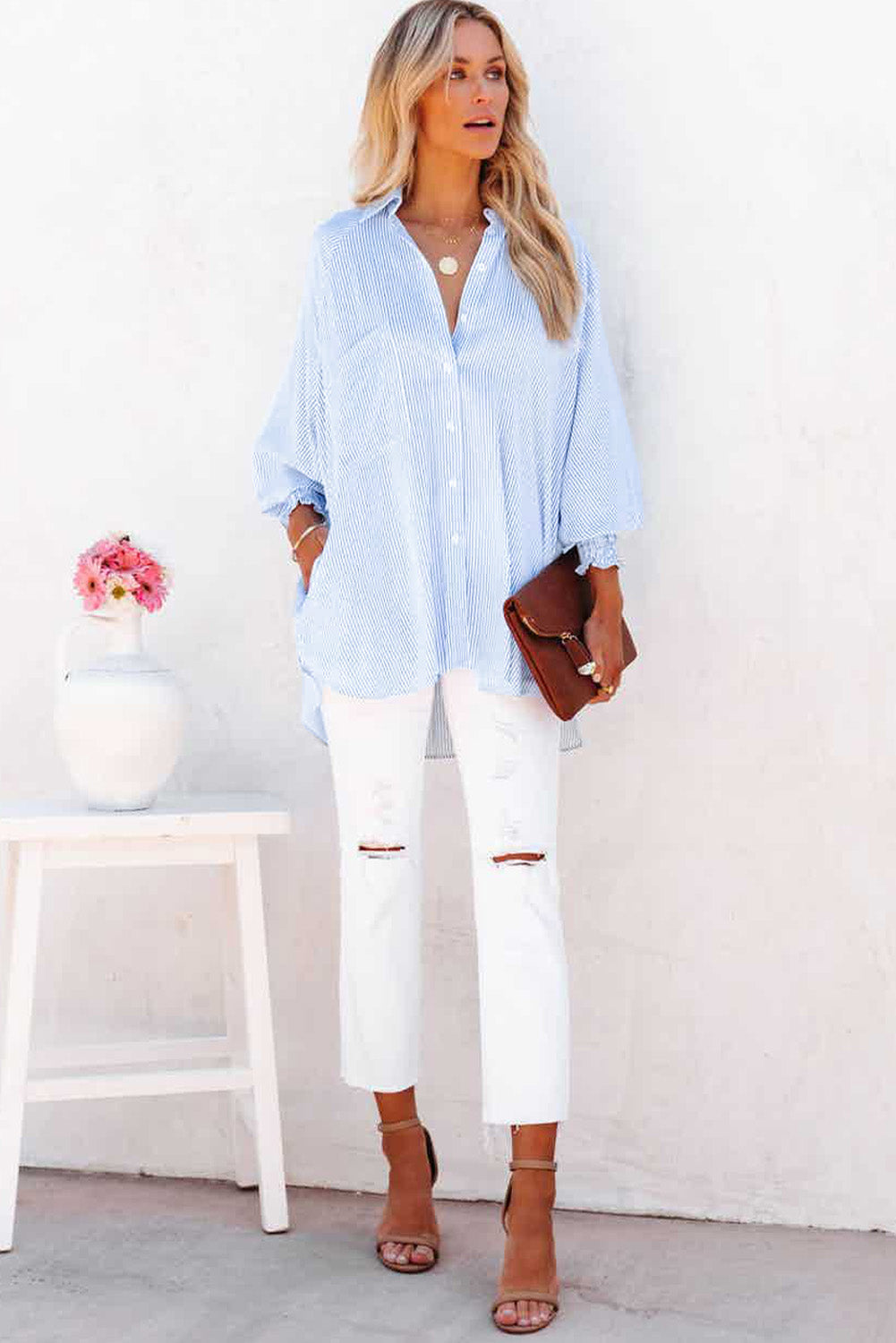Light Blue Casual Striped Shirred Cuffs Shirt