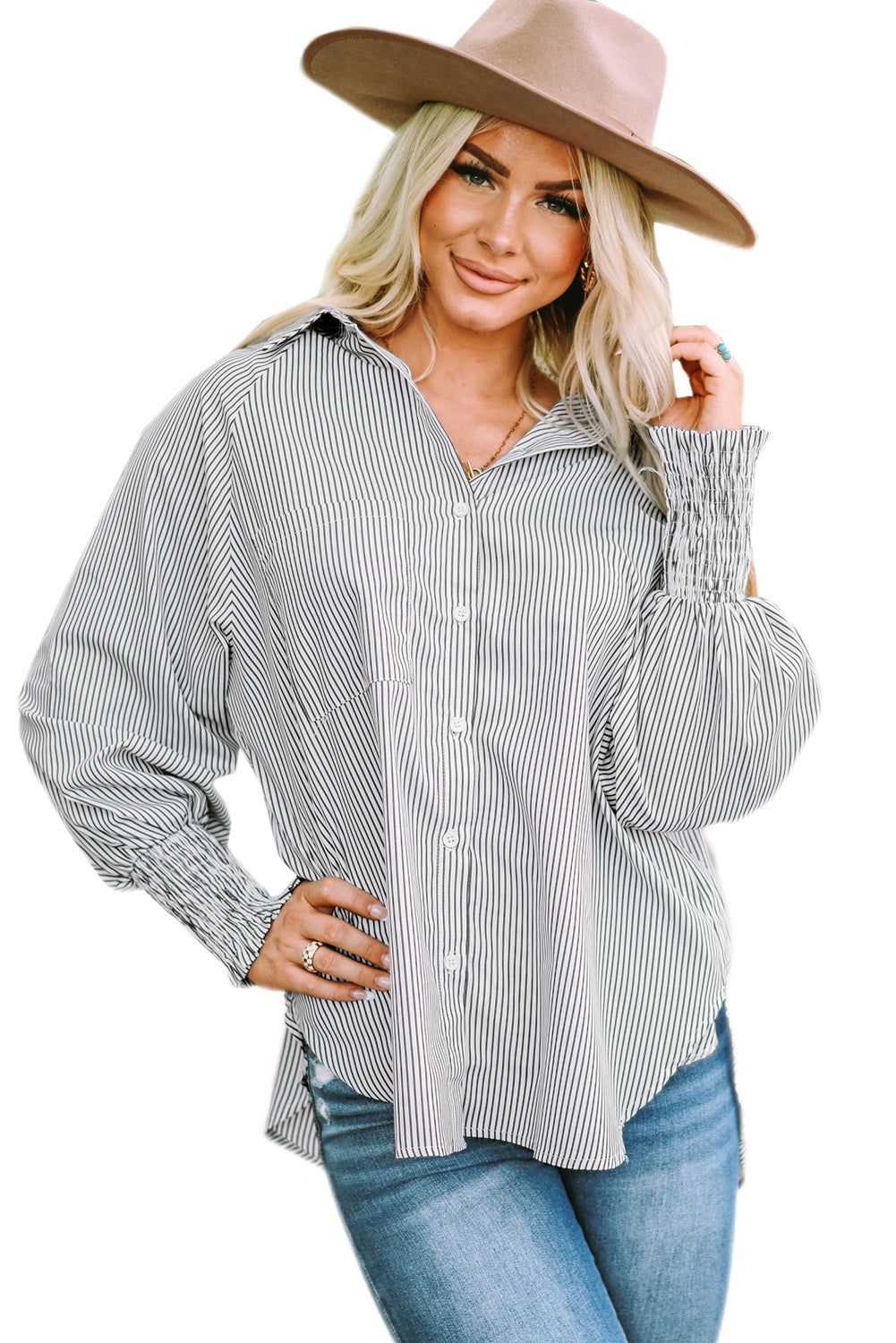 Light Blue Casual Striped Shirred Cuffs Shirt