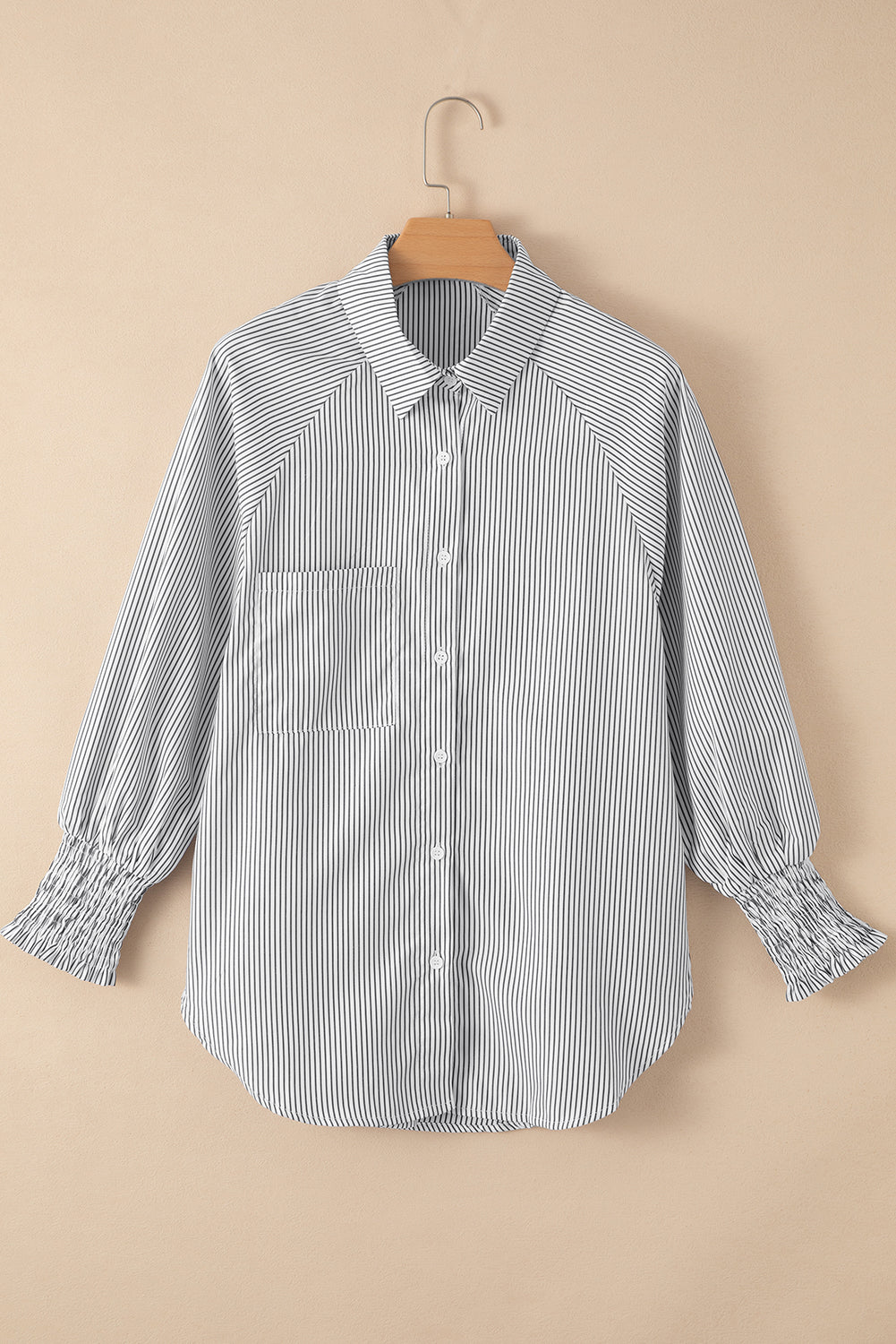 Light Blue Casual Striped Shirred Cuffs Shirt