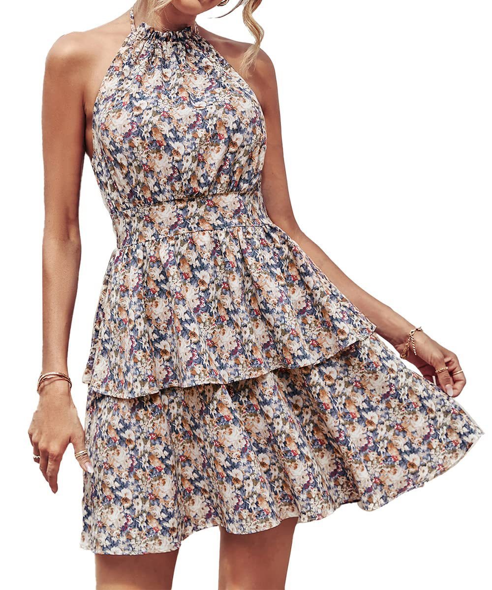 Summer Printed Halter Dress Fashion Boho Backless Ruffled A-Line Dresses For Womens Clothing