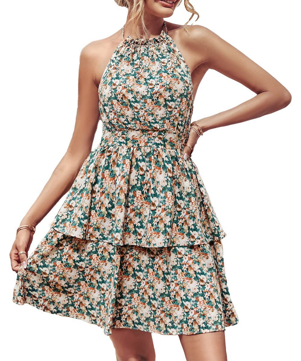 Summer Printed Halter Dress Fashion Boho Backless Ruffled A-Line Dresses For Womens Clothing