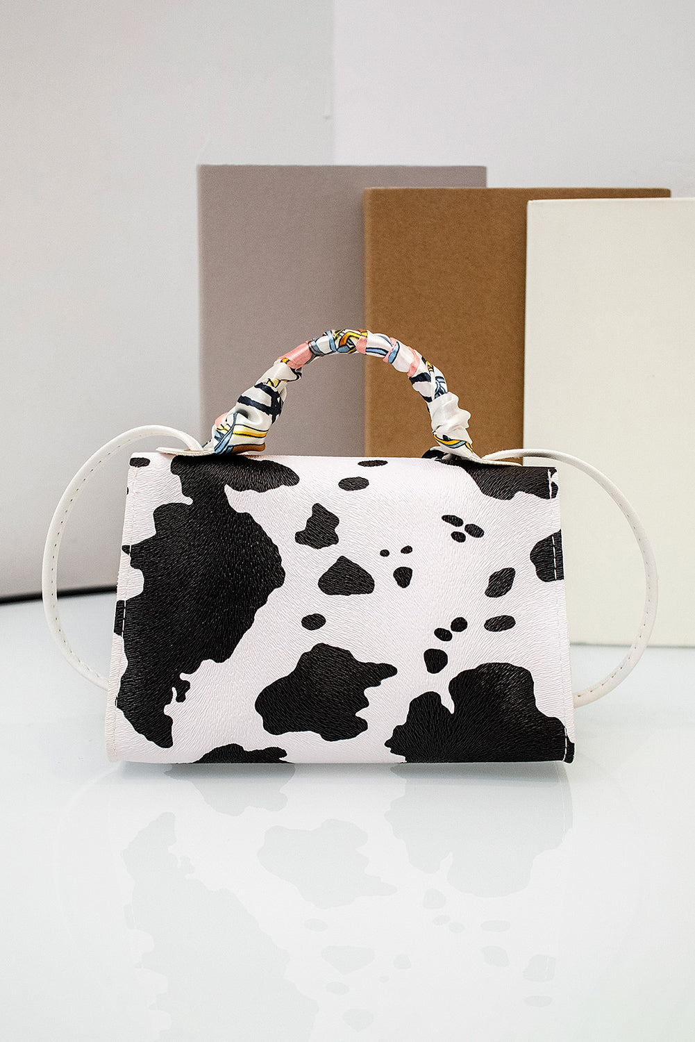 Coffee Geometric Pattern Ribbon Decor PU Leather Bag