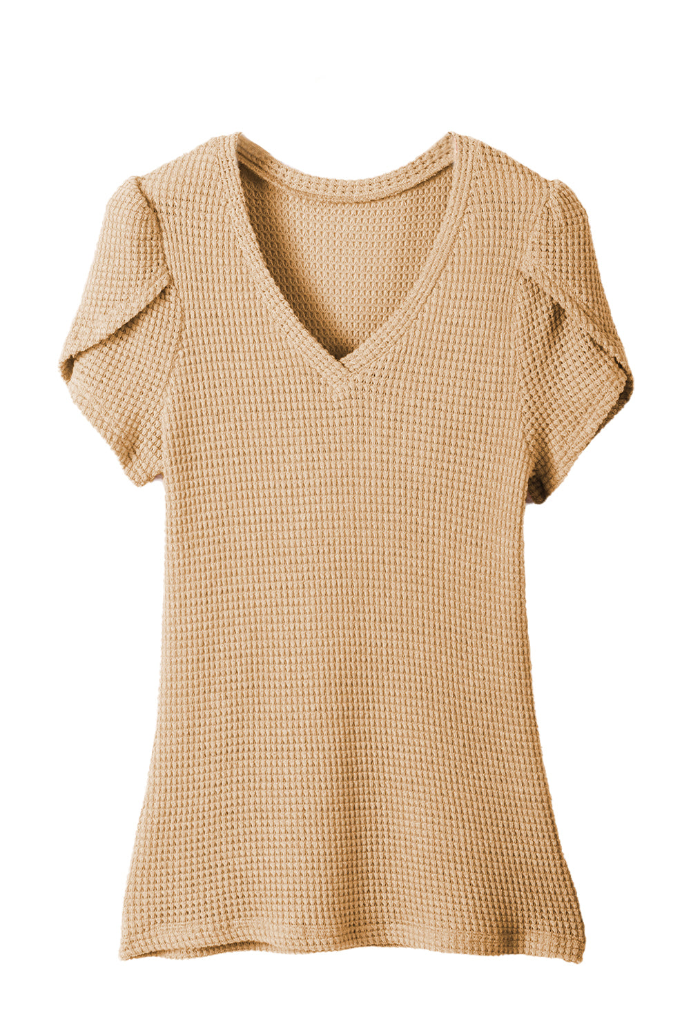 Camel Tulip Sleeve Waffle Knit V Neck T-Shirt