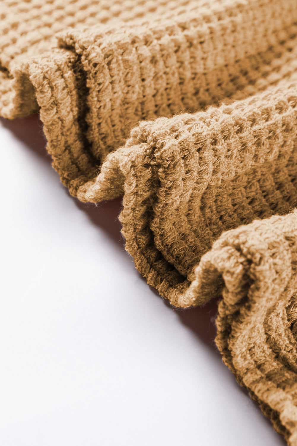 Camel Tulip Sleeve Waffle Knit V Neck T-Shirt
