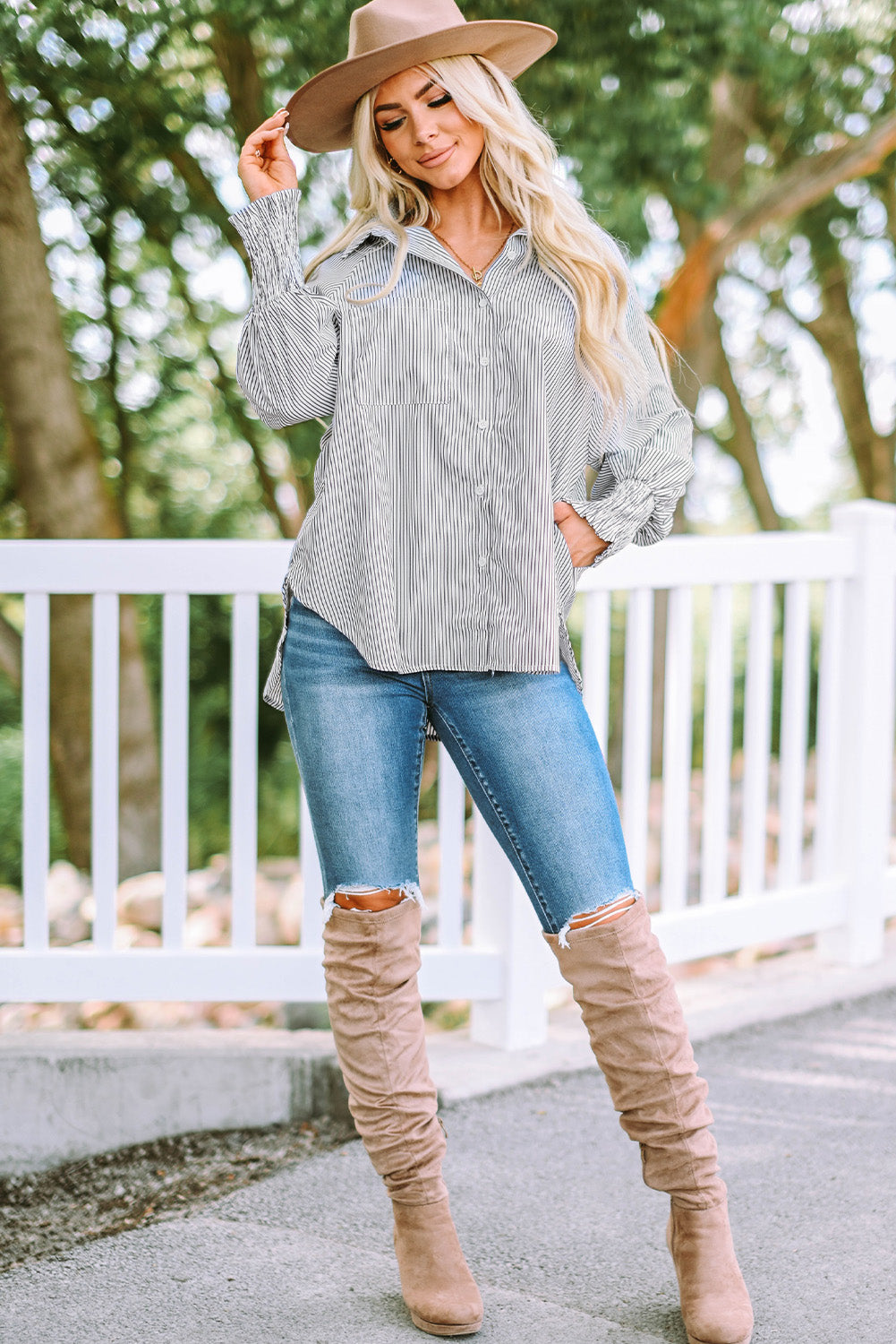 Light Blue Casual Striped Shirred Cuffs Shirt
