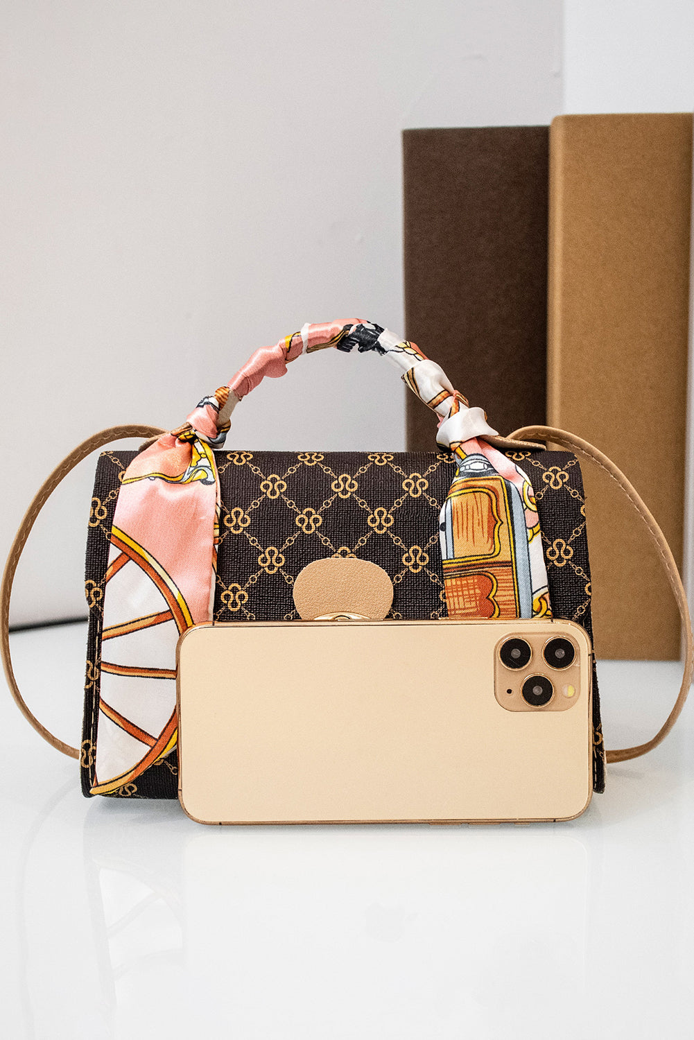 Coffee Geometric Pattern Ribbon Decor PU Leather Bag