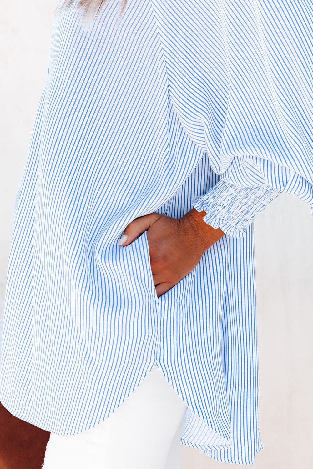 Light Blue Casual Striped Shirred Cuffs Shirt