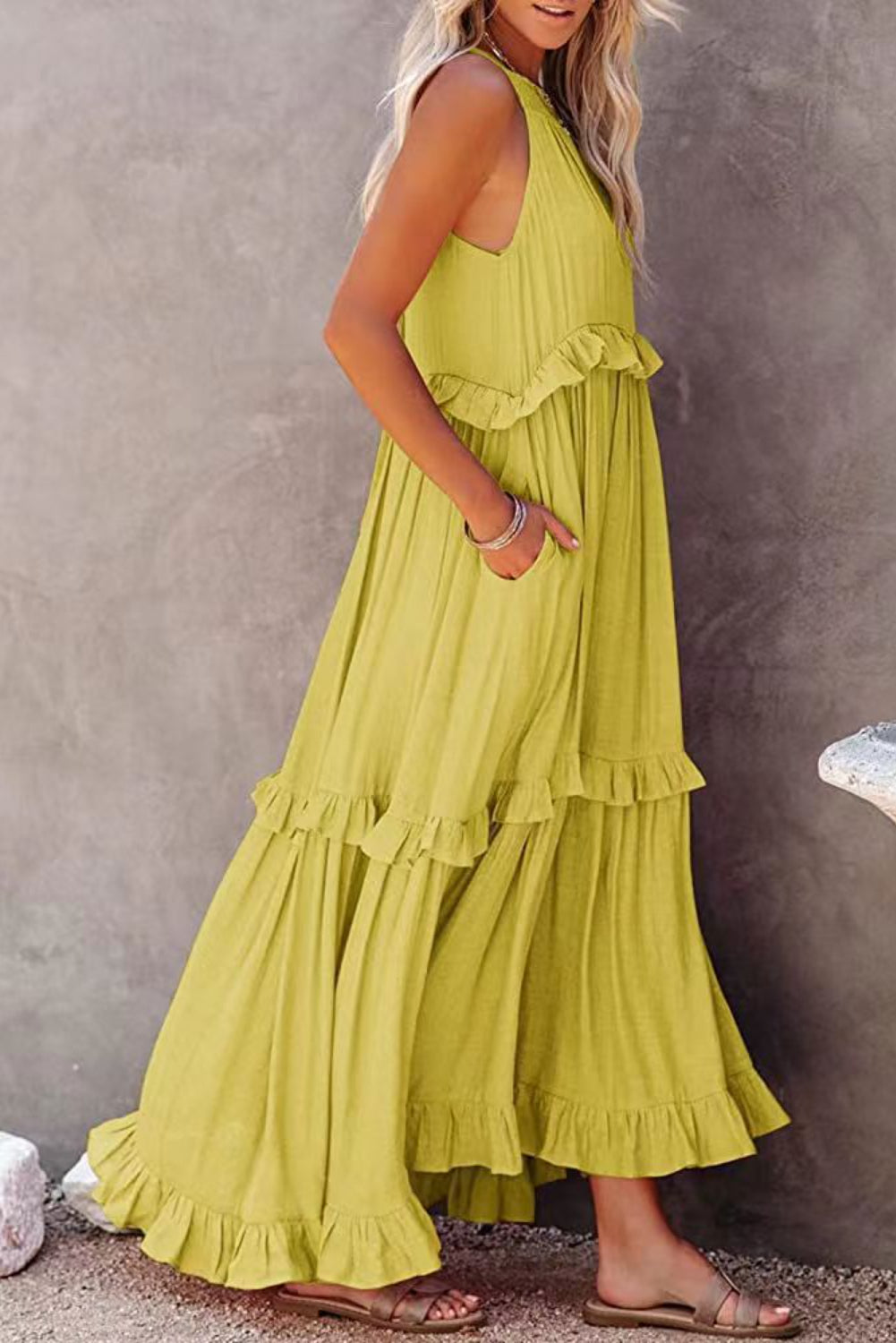 Dark Green Ruffle Hem Pleated Flowy Maxi Dress