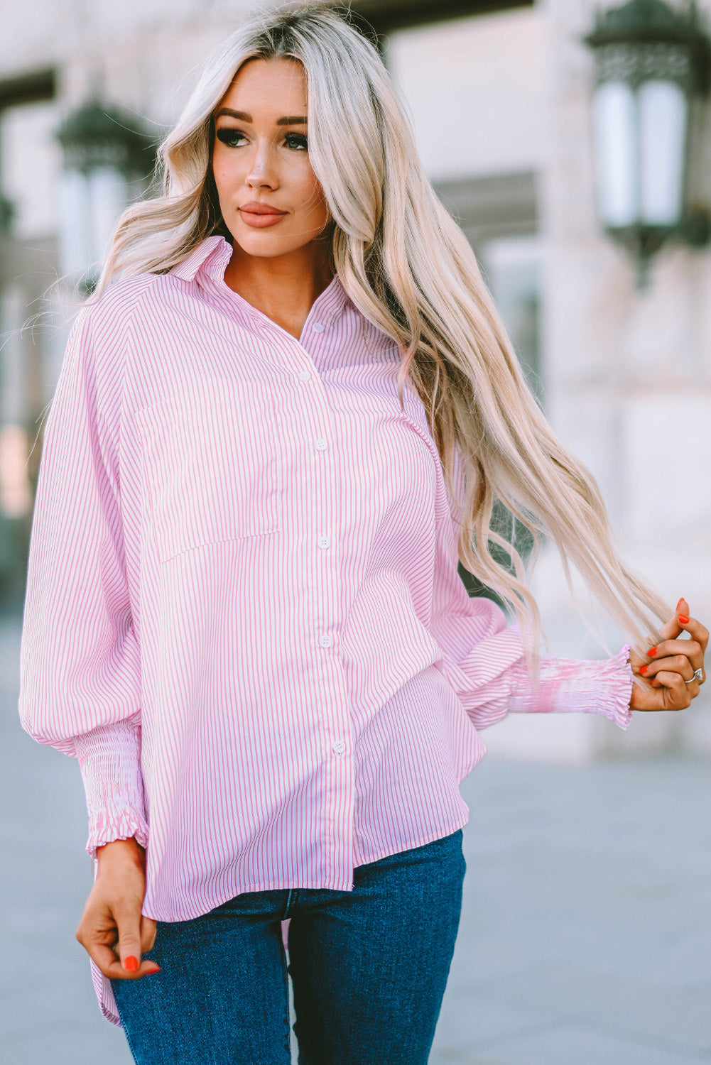 Light Blue Casual Striped Shirred Cuffs Shirt