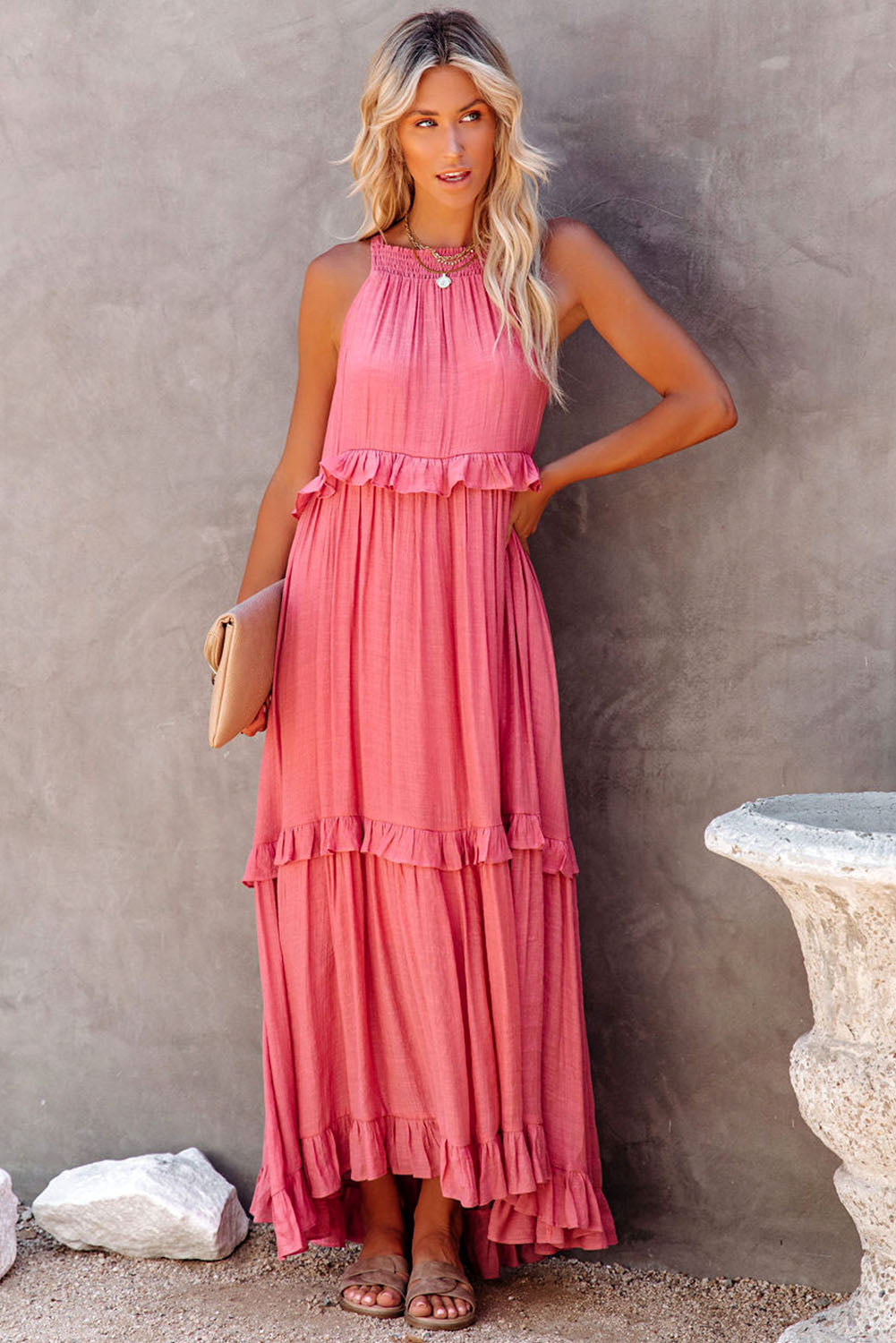 Dark Green Ruffle Hem Pleated Flowy Maxi Dress