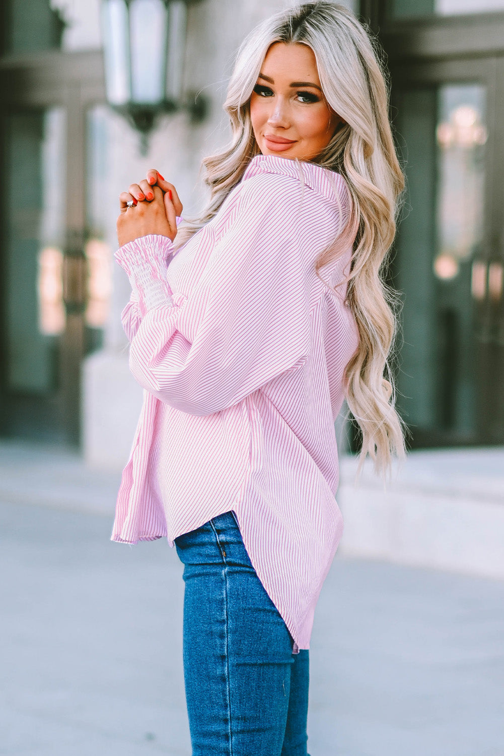 Light Blue Casual Striped Shirred Cuffs Shirt