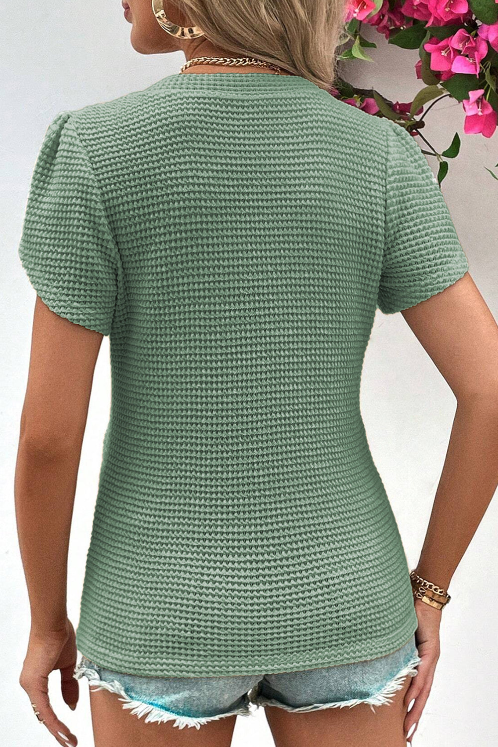 Camel Tulip Sleeve Waffle Knit V Neck T-Shirt