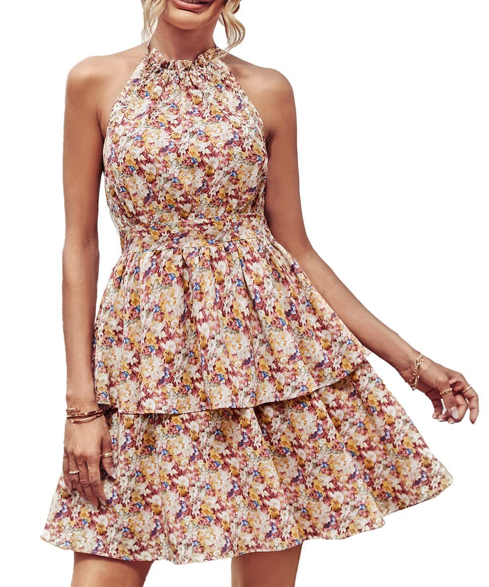 Summer Printed Halter Dress Fashion Boho Backless Ruffled A-Line Dresses For Womens Clothing