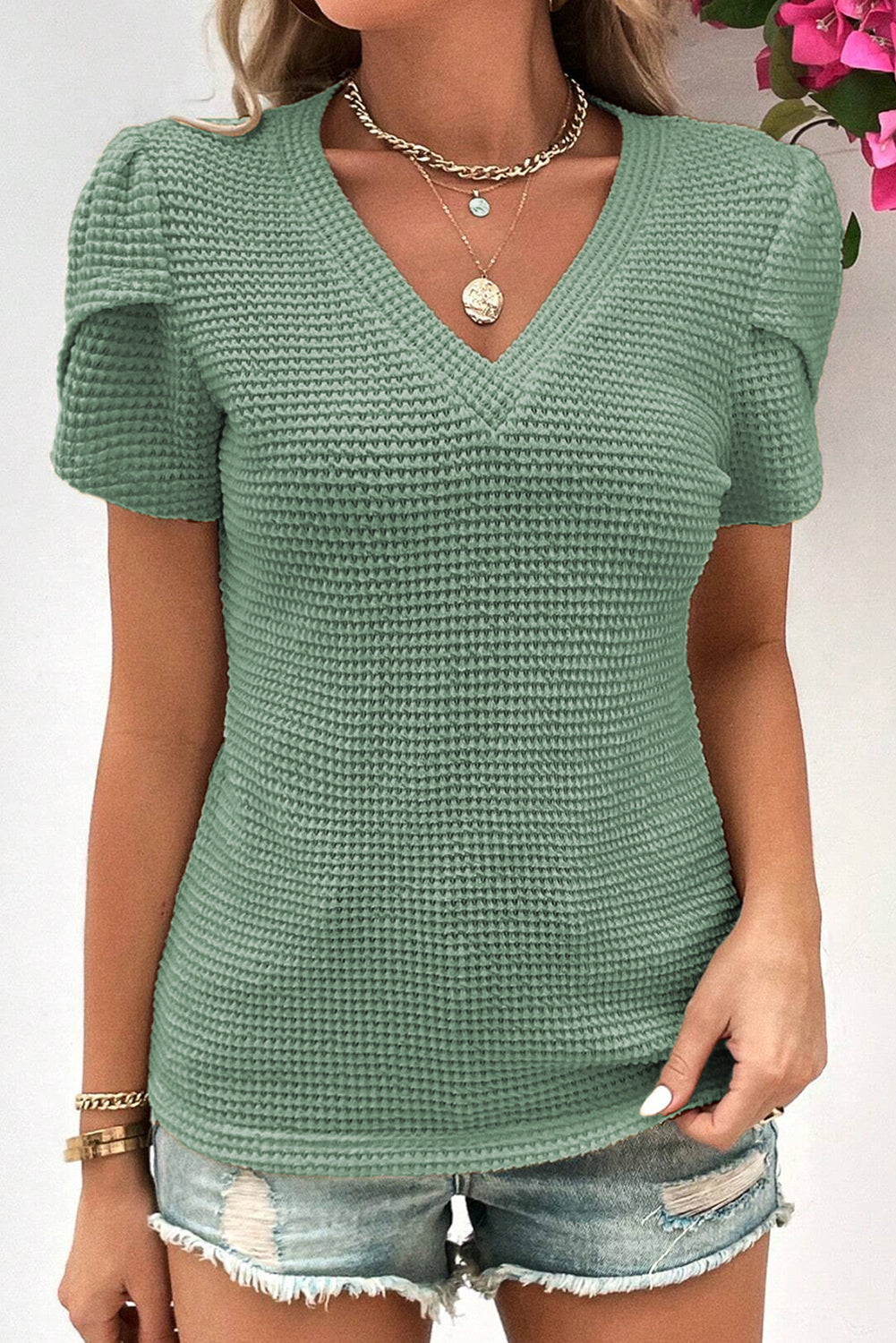 Camel Tulip Sleeve Waffle Knit V Neck T-Shirt