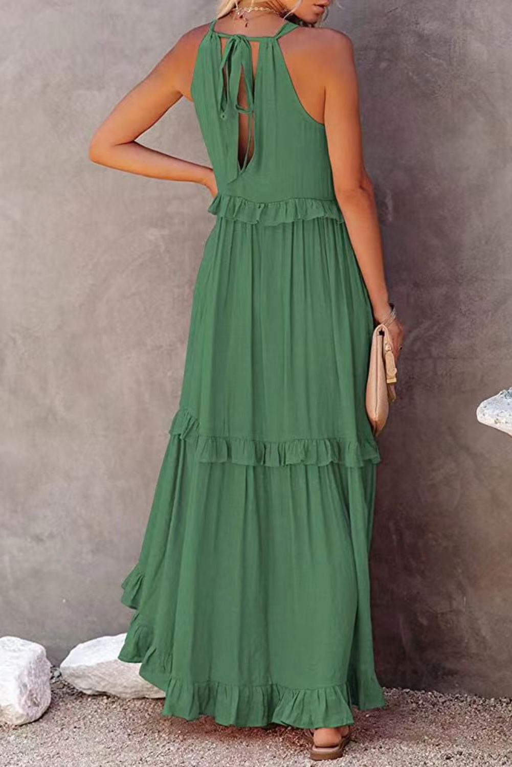 Dark Green Ruffle Hem Pleated Flowy Maxi Dress