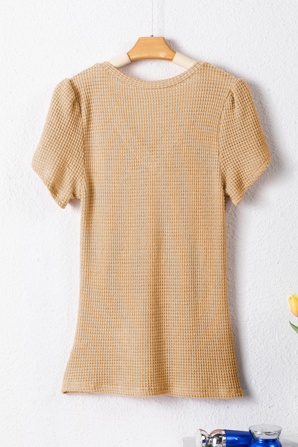 Camel Tulip Sleeve Waffle Knit V Neck T-Shirt