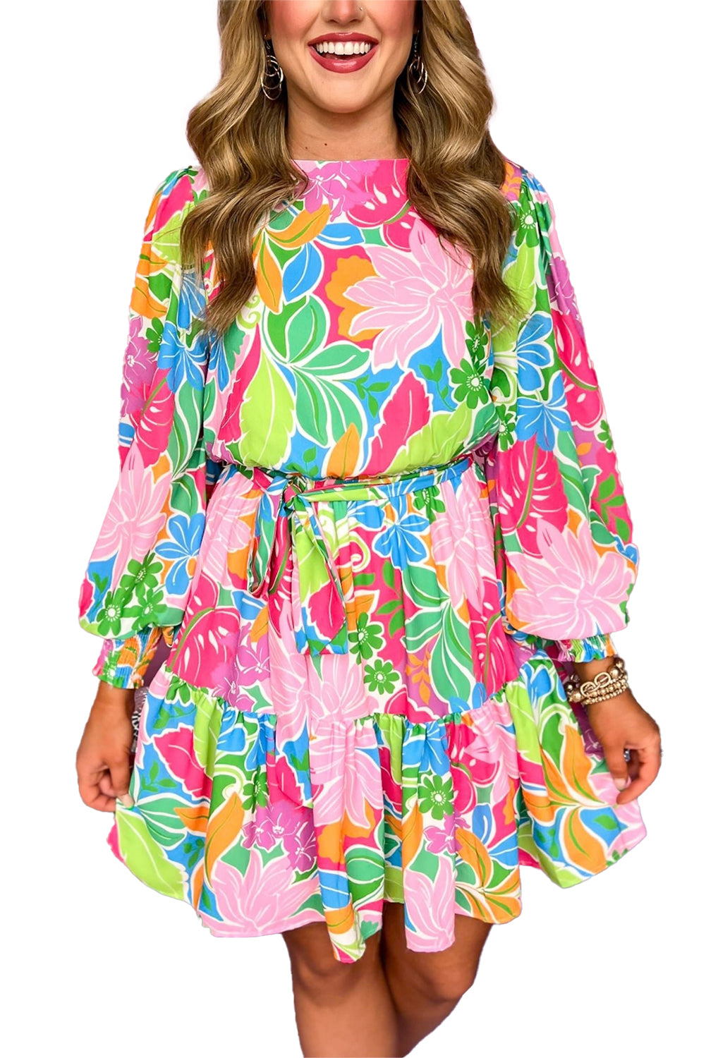 Green Botanical Print Bubble Sleeve Mini Dress