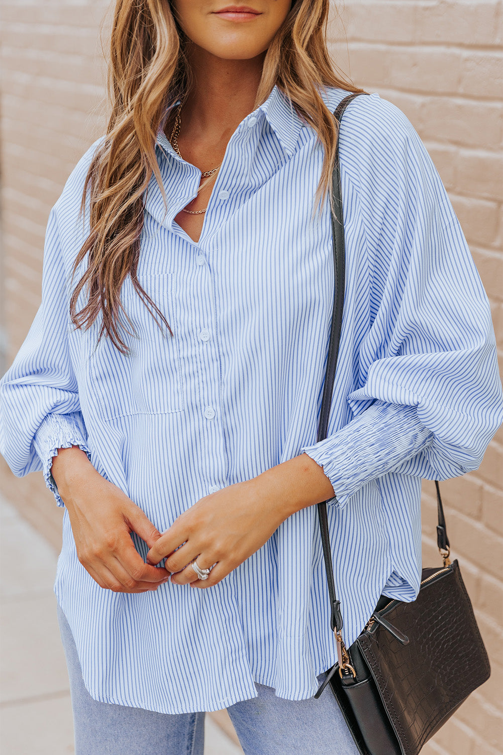Light Blue Casual Striped Shirred Cuffs Shirt