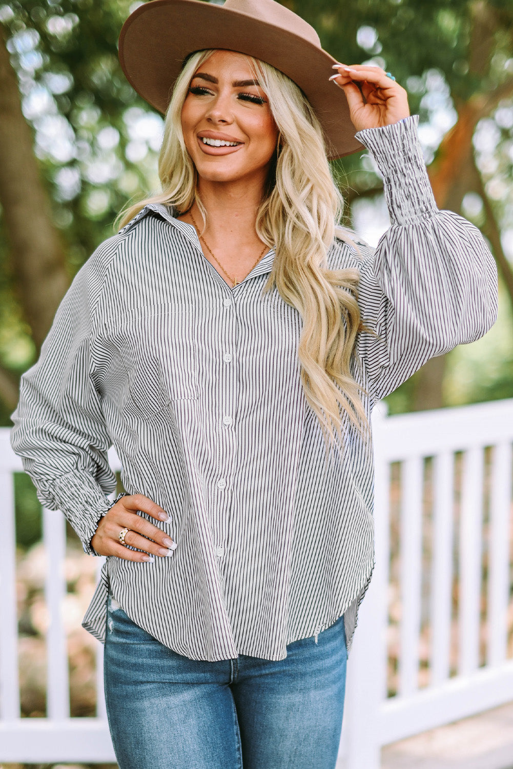 Light Blue Casual Striped Shirred Cuffs Shirt