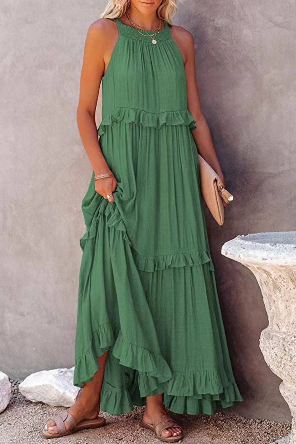 Dark Green Ruffle Hem Pleated Flowy Maxi Dress