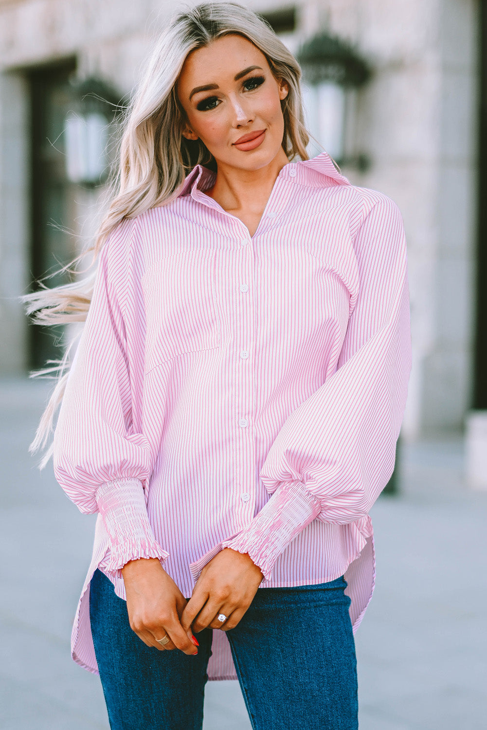 Light Blue Casual Striped Shirred Cuffs Shirt