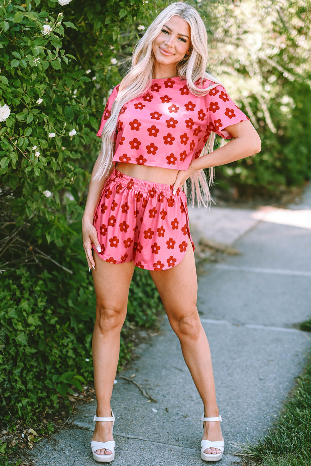 Rose Floral Print Crop Tee and Shorts Lounge Set