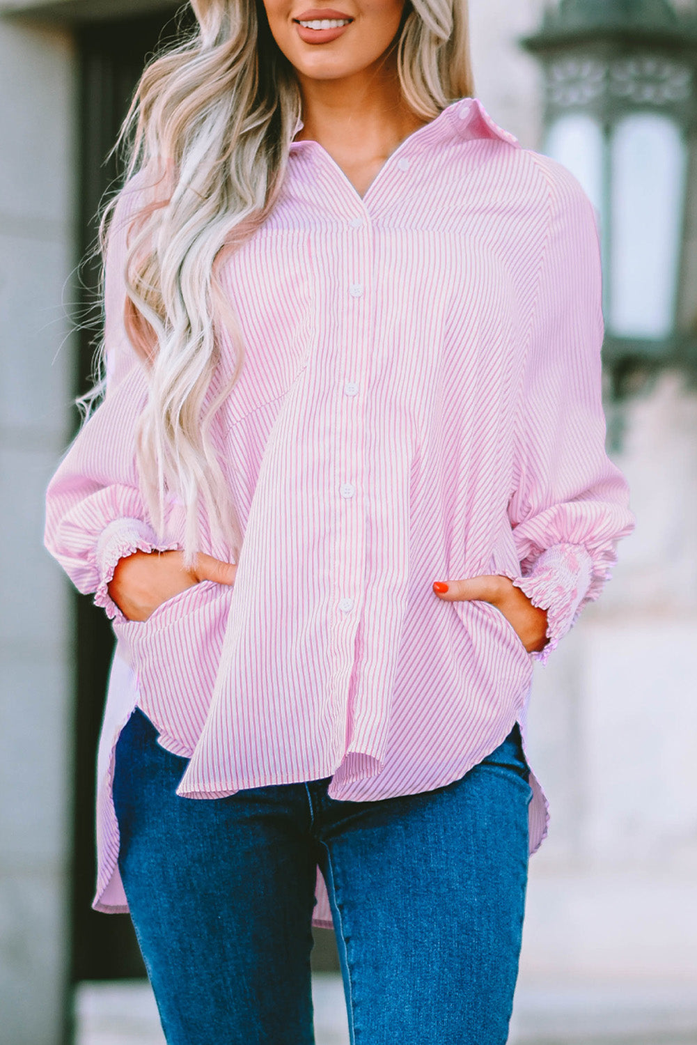 Light Blue Casual Striped Shirred Cuffs Shirt